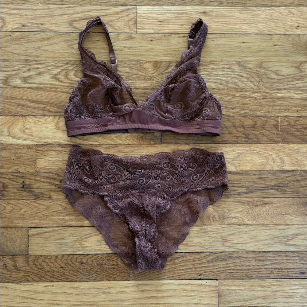 Lace Bralette and Bikini Panty Set - Mauve Brown